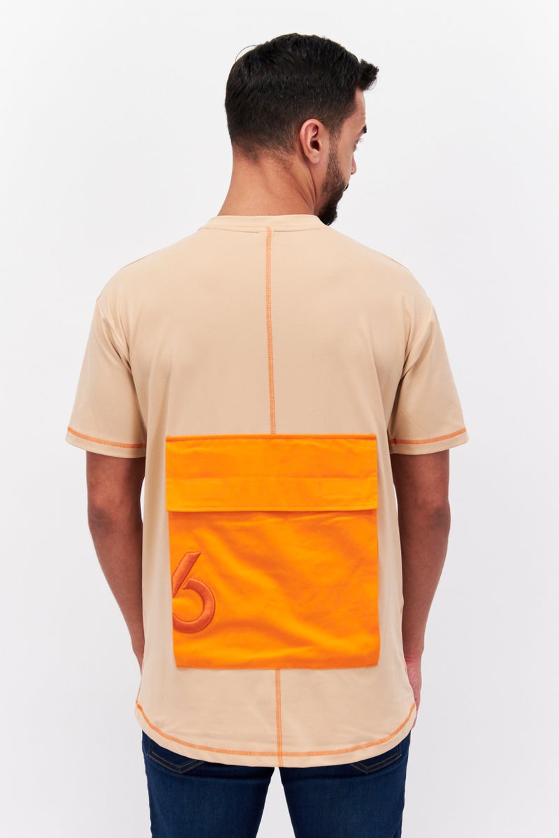 TRIBE OF 6 Men Crew Neck Short Sleeve Embroidered Logo T-Shirt, Tan - Image 2